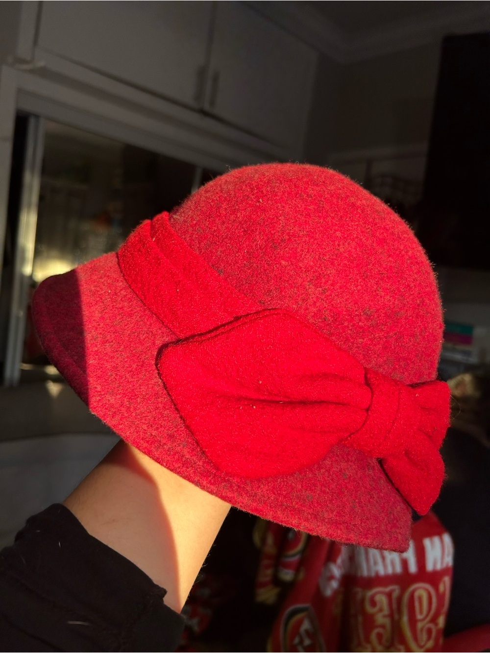 Red Wool Bow Cloche Hat